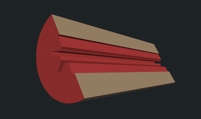 A 3-D cutaway of a burning finocyl grain rotating, the red burning surface receding as the grain burns back.
