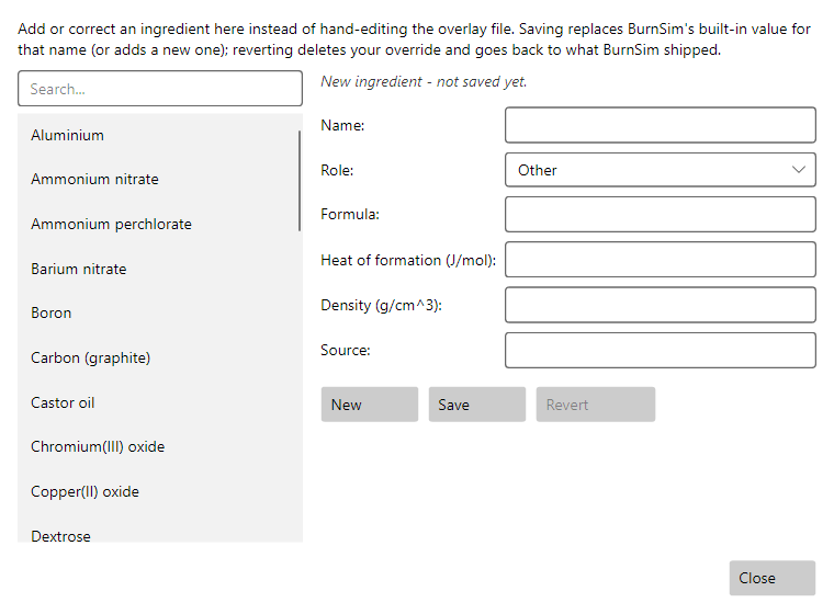 BurnSim 4 ingredient table editor, showing the searchable list on the left and an entry form on the right